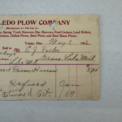 The Toledo Plow Company Invoice Receipt Document Lot 2x 1906 1908 Antique