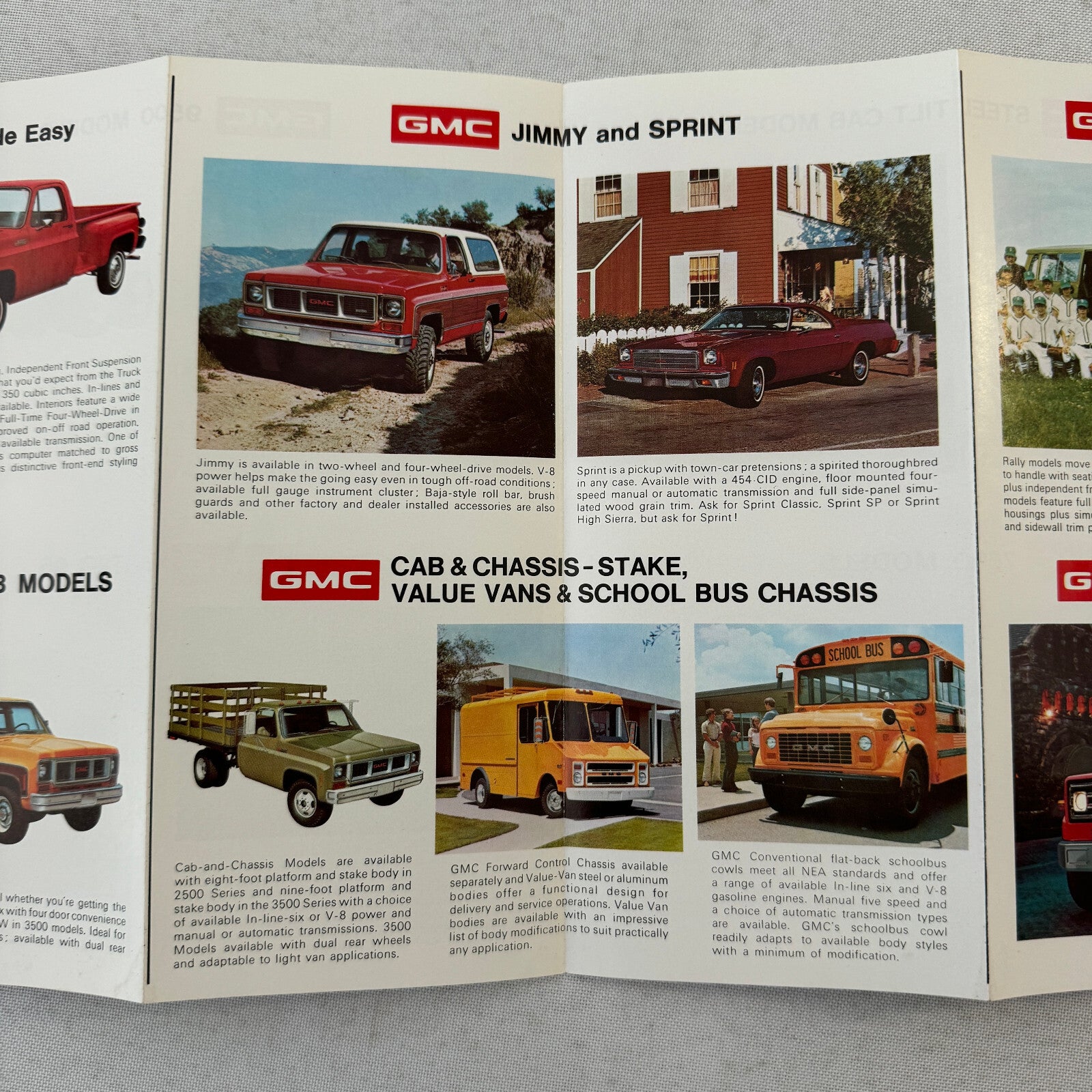 1974 GMC Truck Sales Brochure Jimmy Pickup Sprint School Bus Vandura Rally Van +