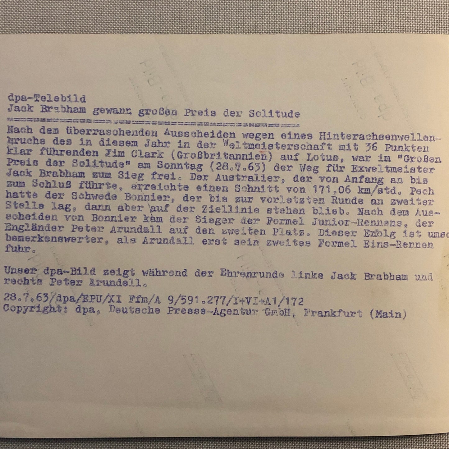 1963 Solitude Grand Prix Racing Photo Photograph Jack Brabham Peter Arundell
