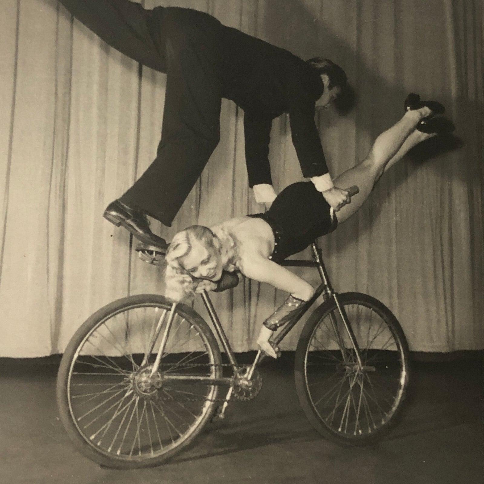 Circus Performer Man Woman on Bicycle Balancing Act Real Photo Postcard RPPC