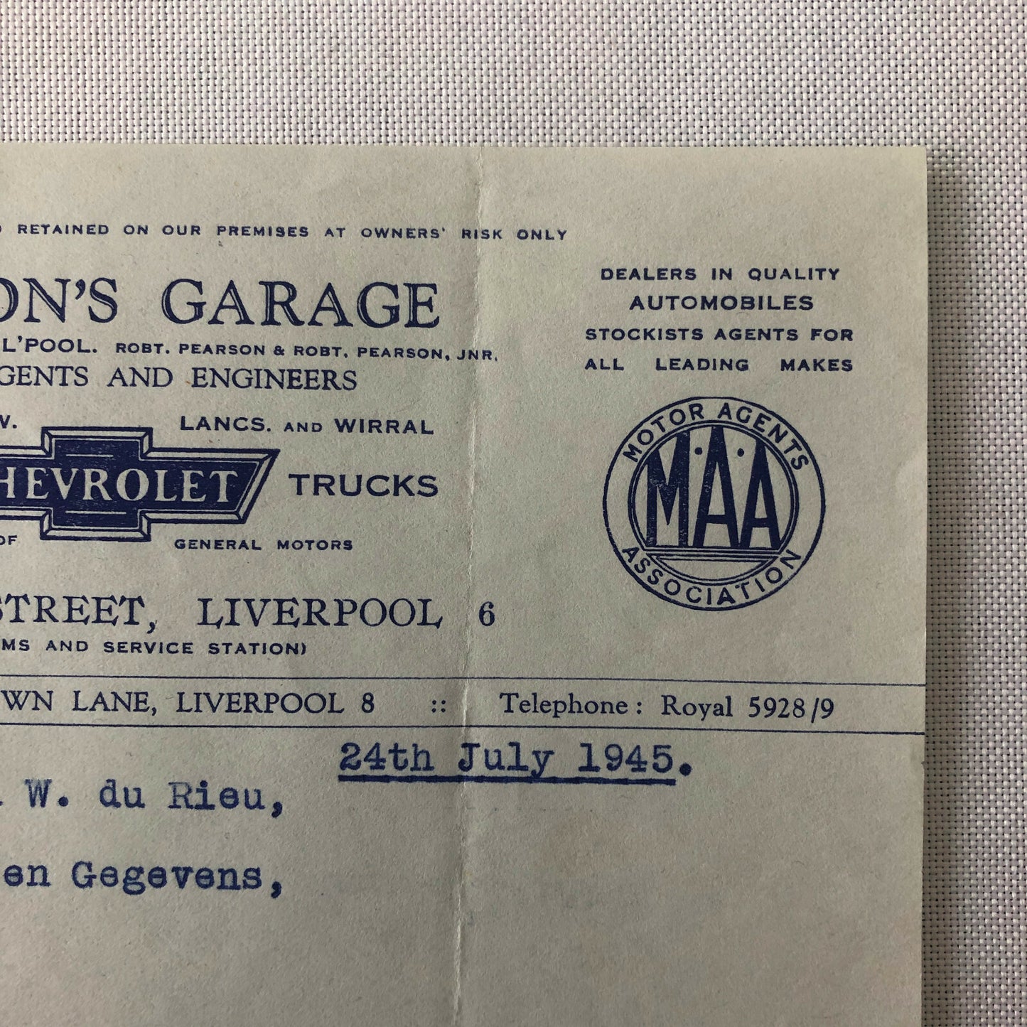 1945 Chevrolet Dealership Letter UK Garage Oldsmobile Car Truck Letterhead