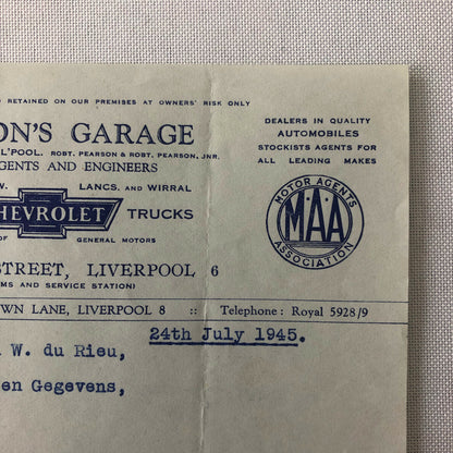 1945 Chevrolet Dealership Letter UK Garage Oldsmobile Car Truck Letterhead