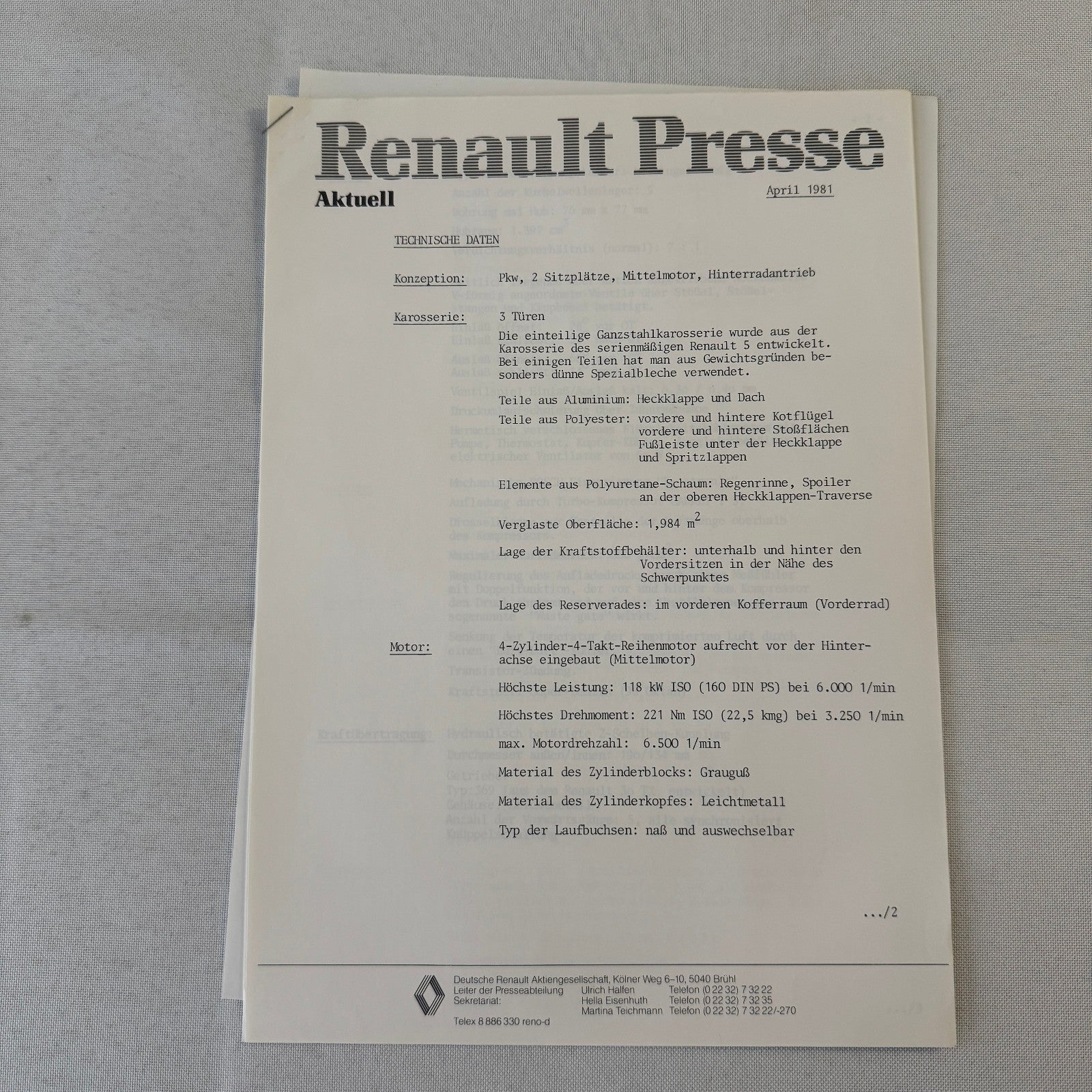 Renault 5 Turbo Car Factory Press Kit Photos Folder Hot Hatch GERMAN