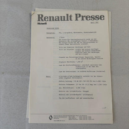 Renault 5 Turbo Car Factory Press Kit Photos Folder Hot Hatch GERMAN