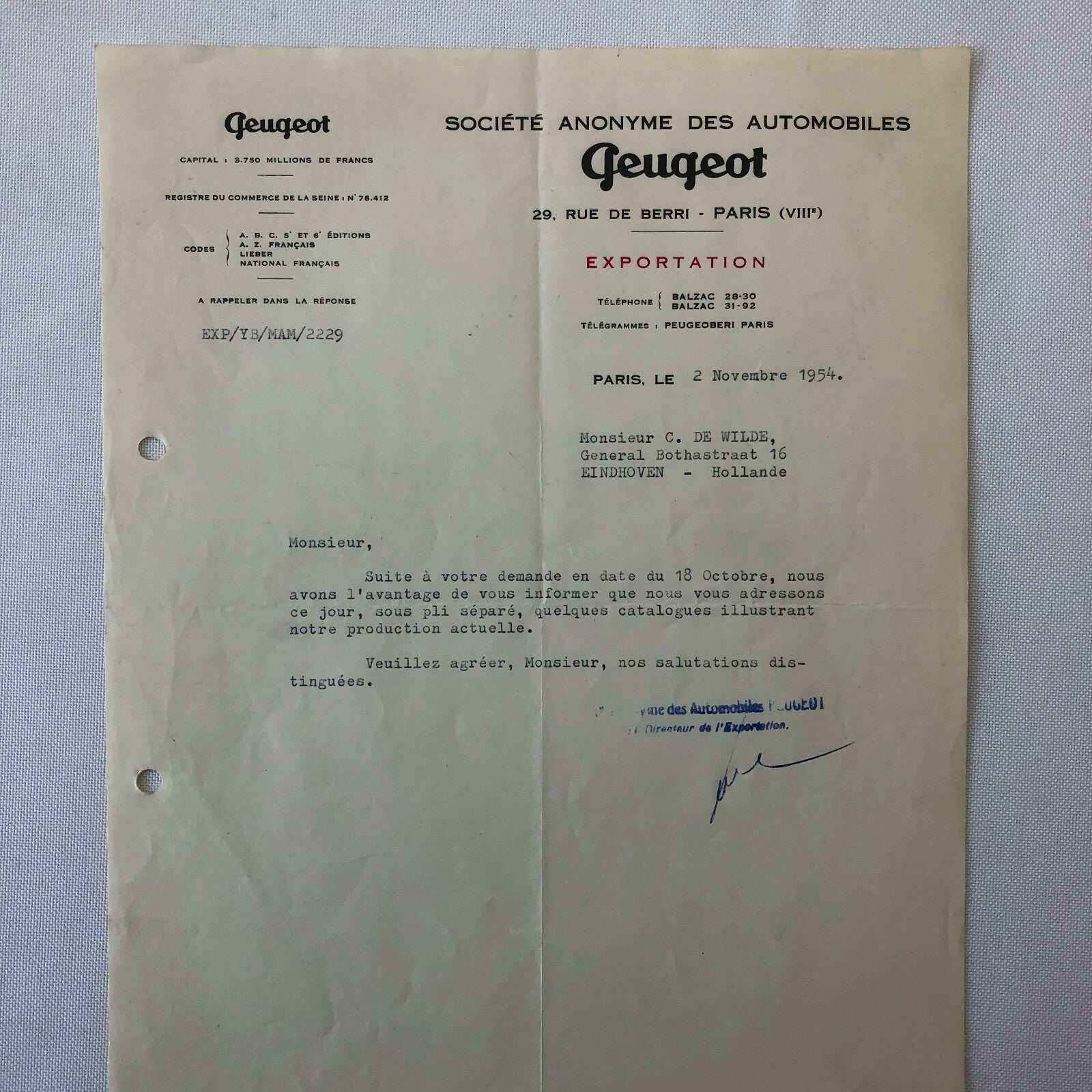 1948 - 1957 Peugeot Car Letter Letterhead Document Lot of 9 - FRENCH
