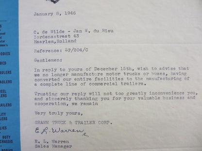 1946 Gramm Truck and Trailer Corporation Letter Letterhead - Delphos Ohio