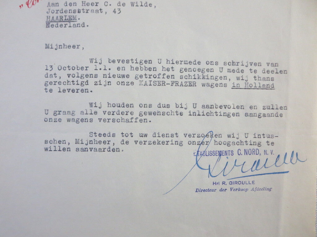 1947 Kaiser Frazer Belgian Distributor Dealer Letter Letterhead Document 