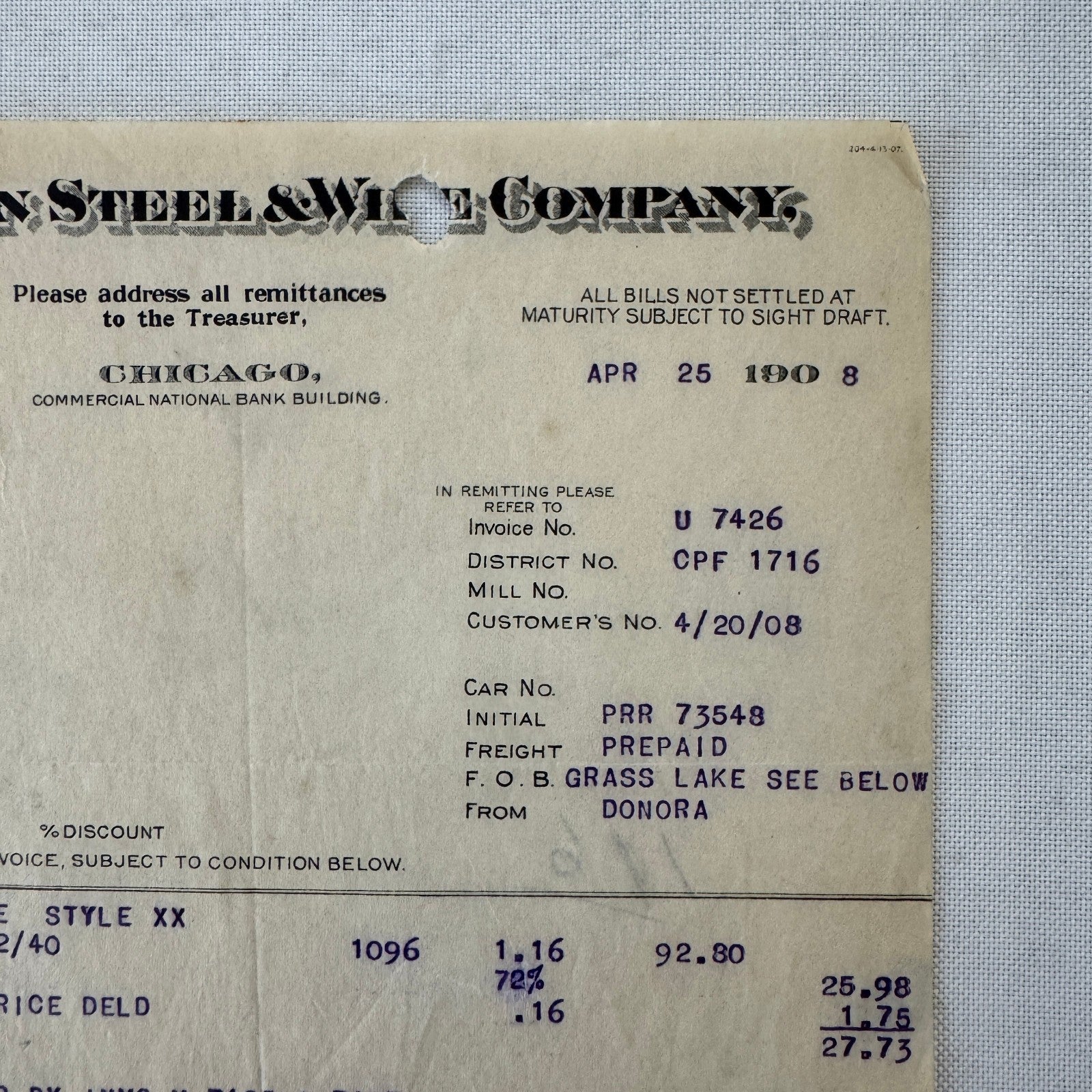American Steel and Wire Company 1908 Receipt Invoice Document Vintage Chicago