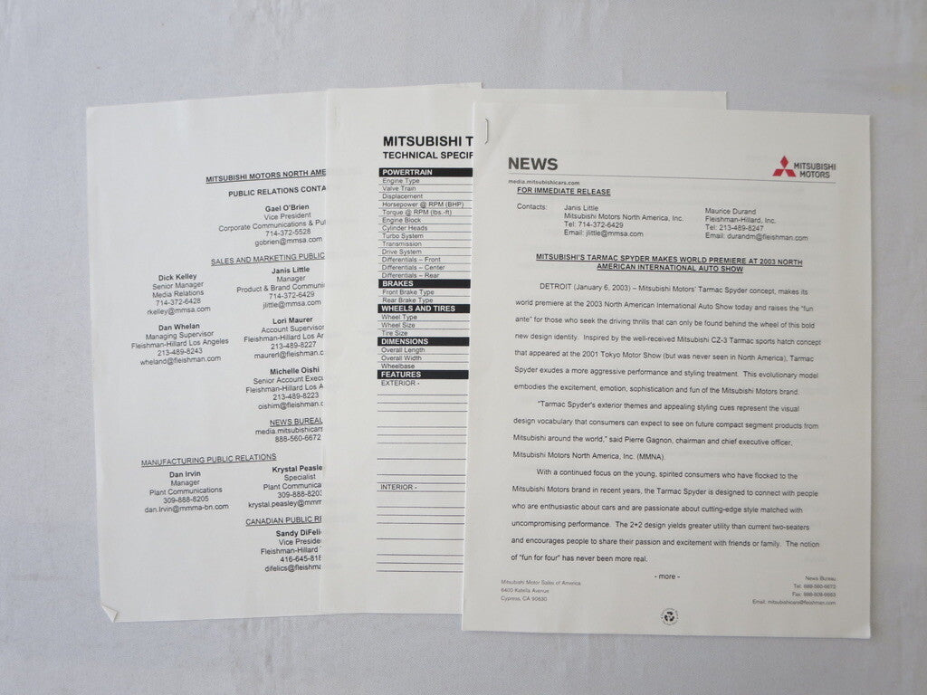 2003 Mitsubishi Tarmac Spyder Press Kit Brochure Catalog