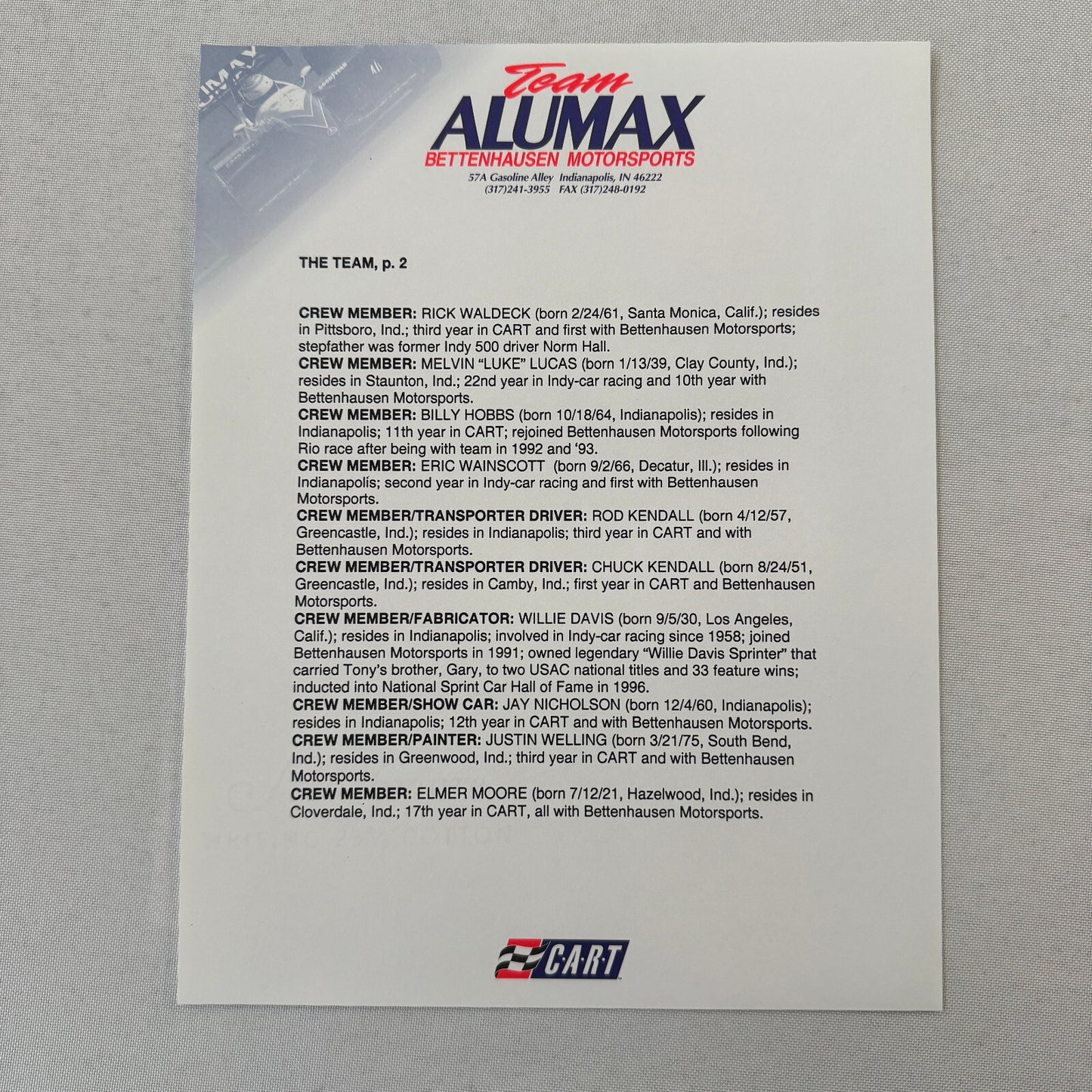 Bettenhausen Alumax Racing Press Kit Brochure 1997 CART Patrick Carpentier