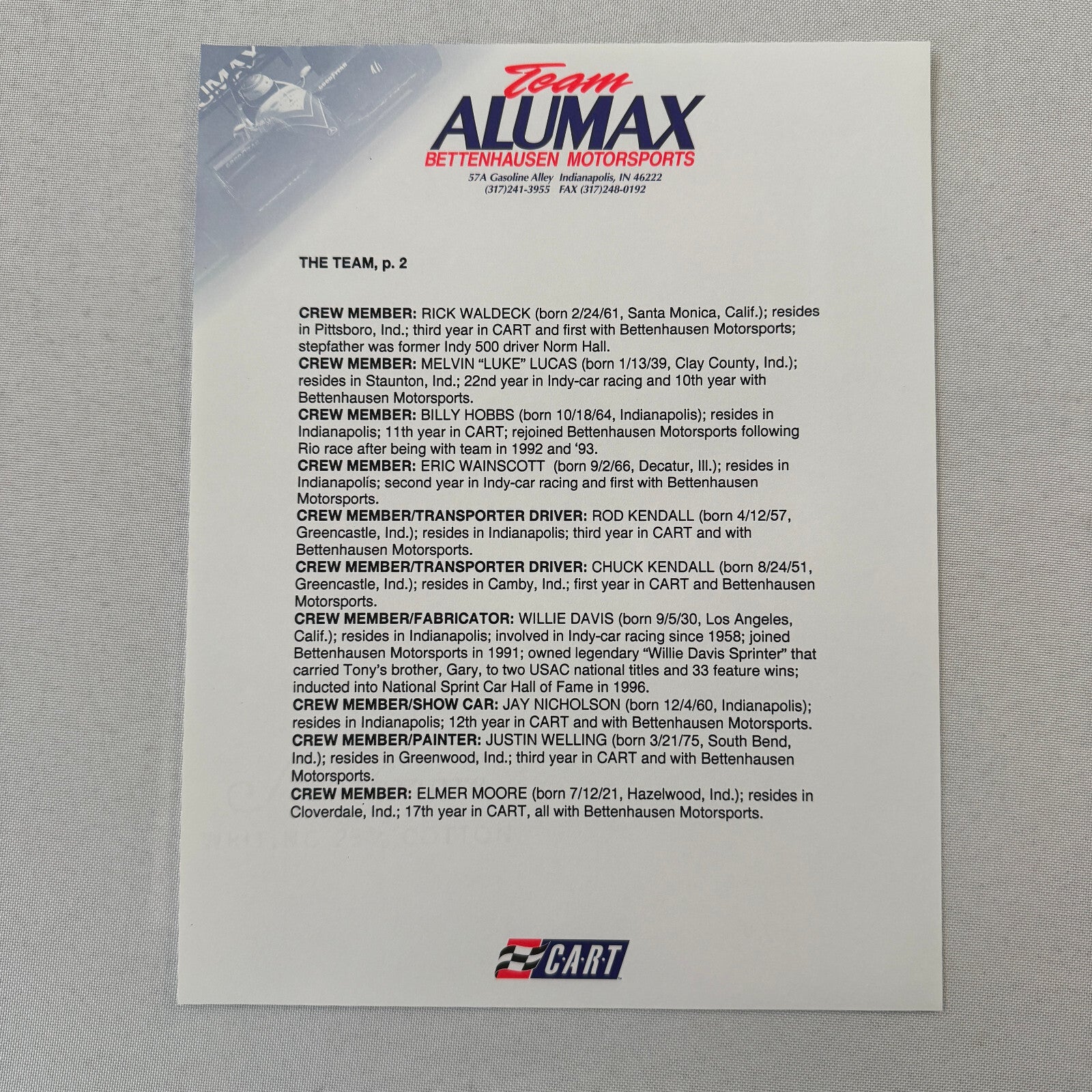 Bettenhausen Alumax Racing Press Kit Brochure 1997 CART Patrick Carpentier