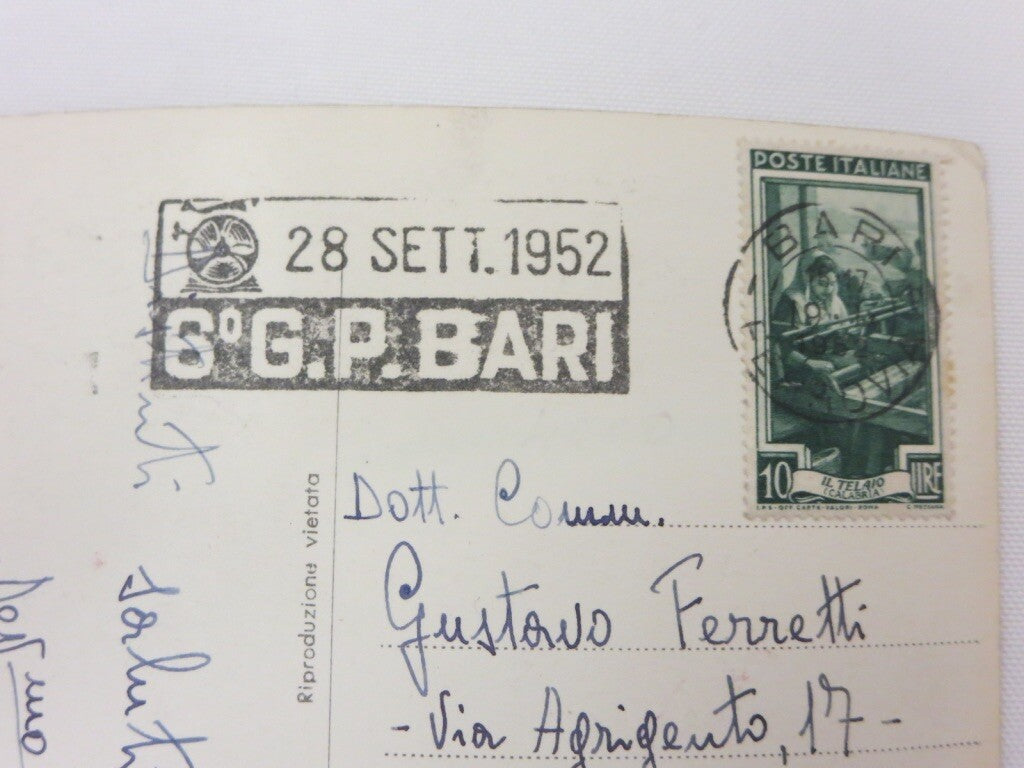 1952 Grand Prix Bari Postage Stamp on Postcard Fiera del Levante - Bari Italy 