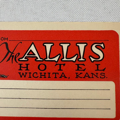 Vintage Hotel Travel Luggage Label The Allis Hotel Wichita Kansas