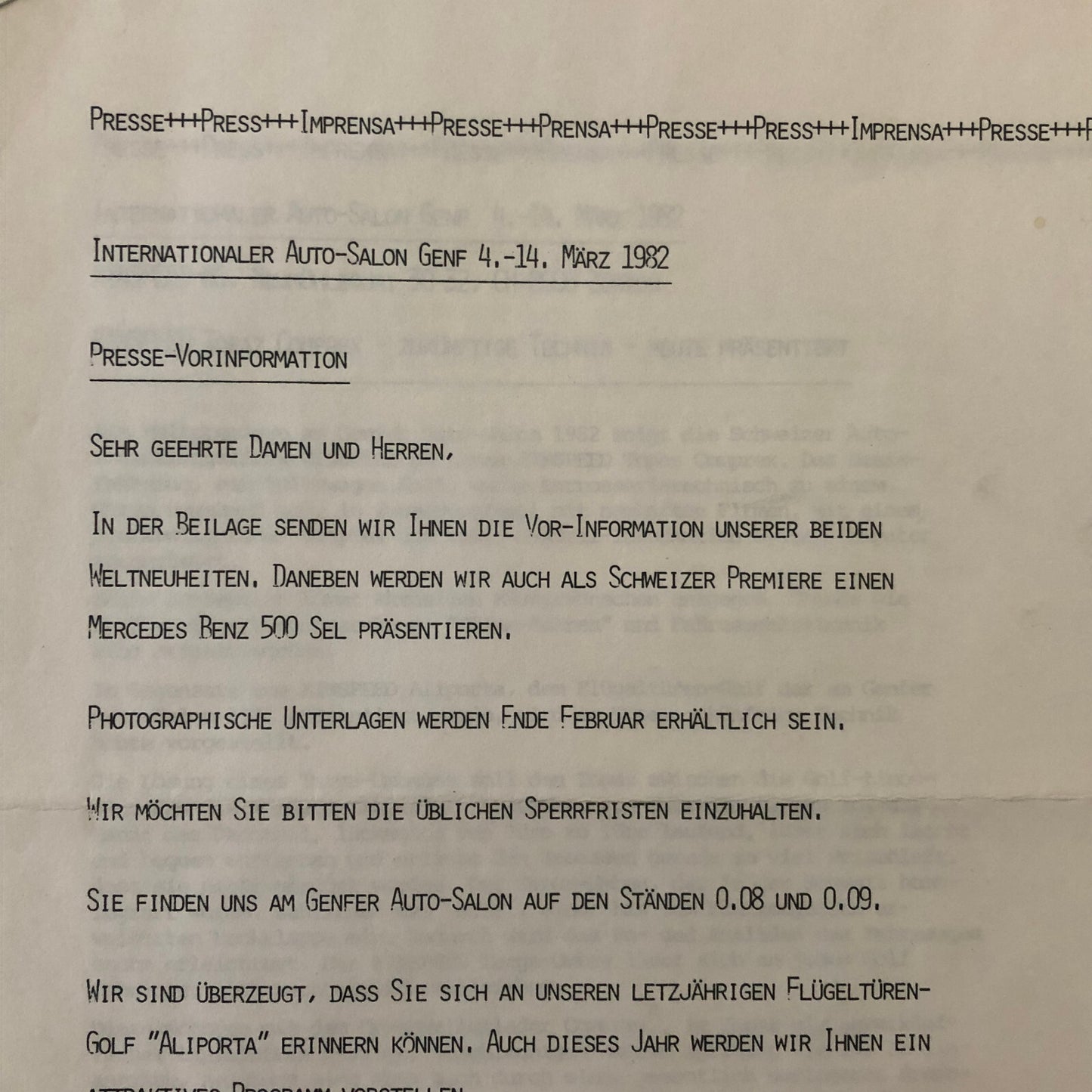 1982 Rinspeed Car Press Release Document Topaz Volkswagen Porsche 938 GERMAN