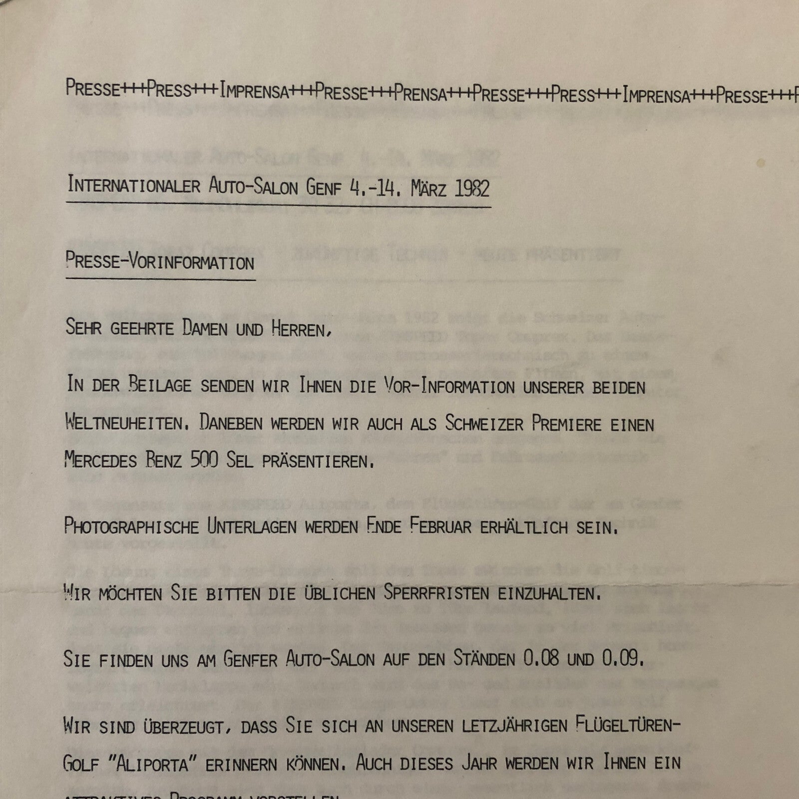 1982 Rinspeed Car Press Release Document Topaz Volkswagen Porsche 938 GERMAN