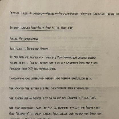 1982 Rinspeed Car Press Release Document Topaz Volkswagen Porsche 938 GERMAN