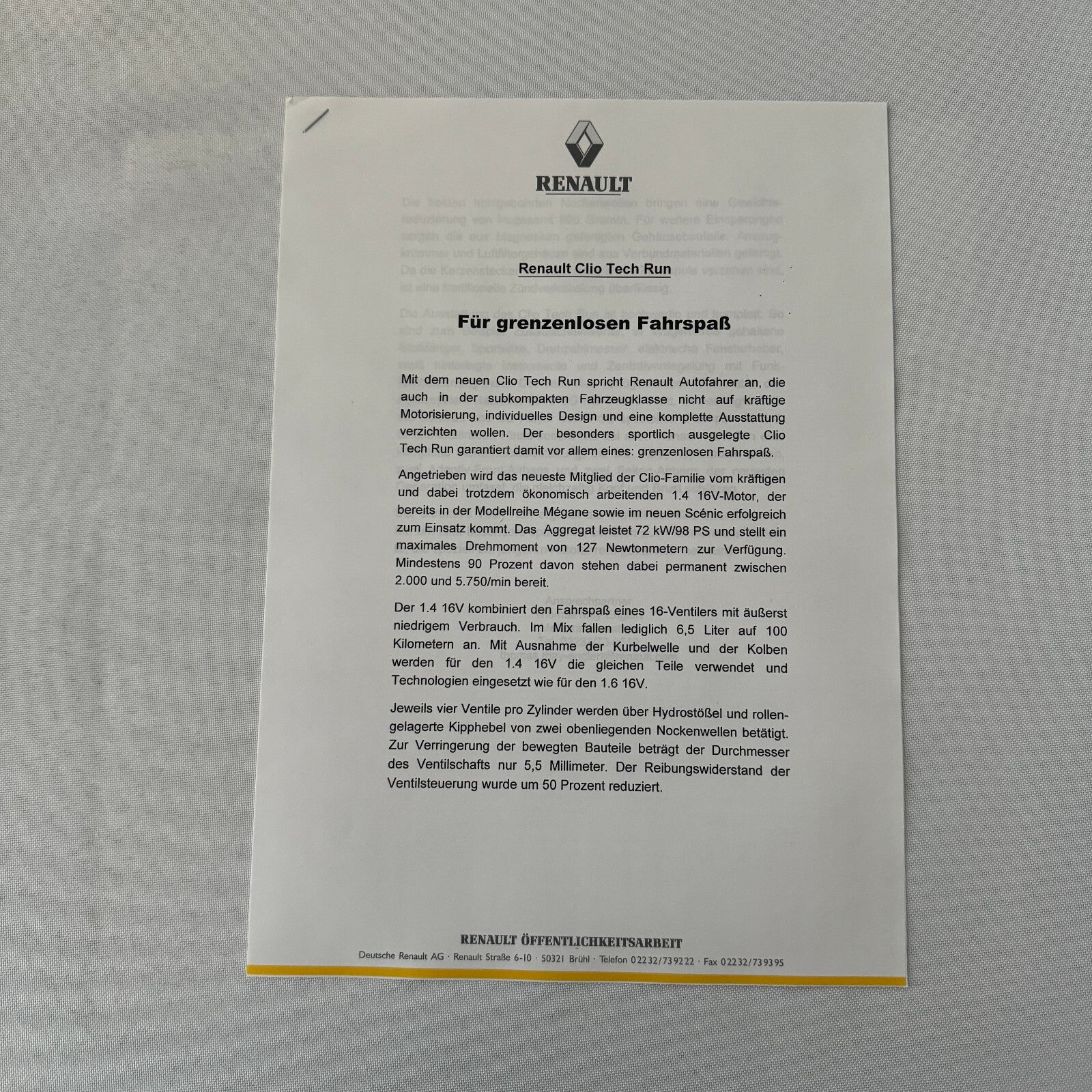 1999 Renault Clio Tech Run Car Press Kit Brochure Photos German Language