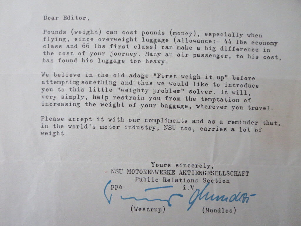 1964 NSU Car Factory Letter Letterhead sent to Magazine Editor 
