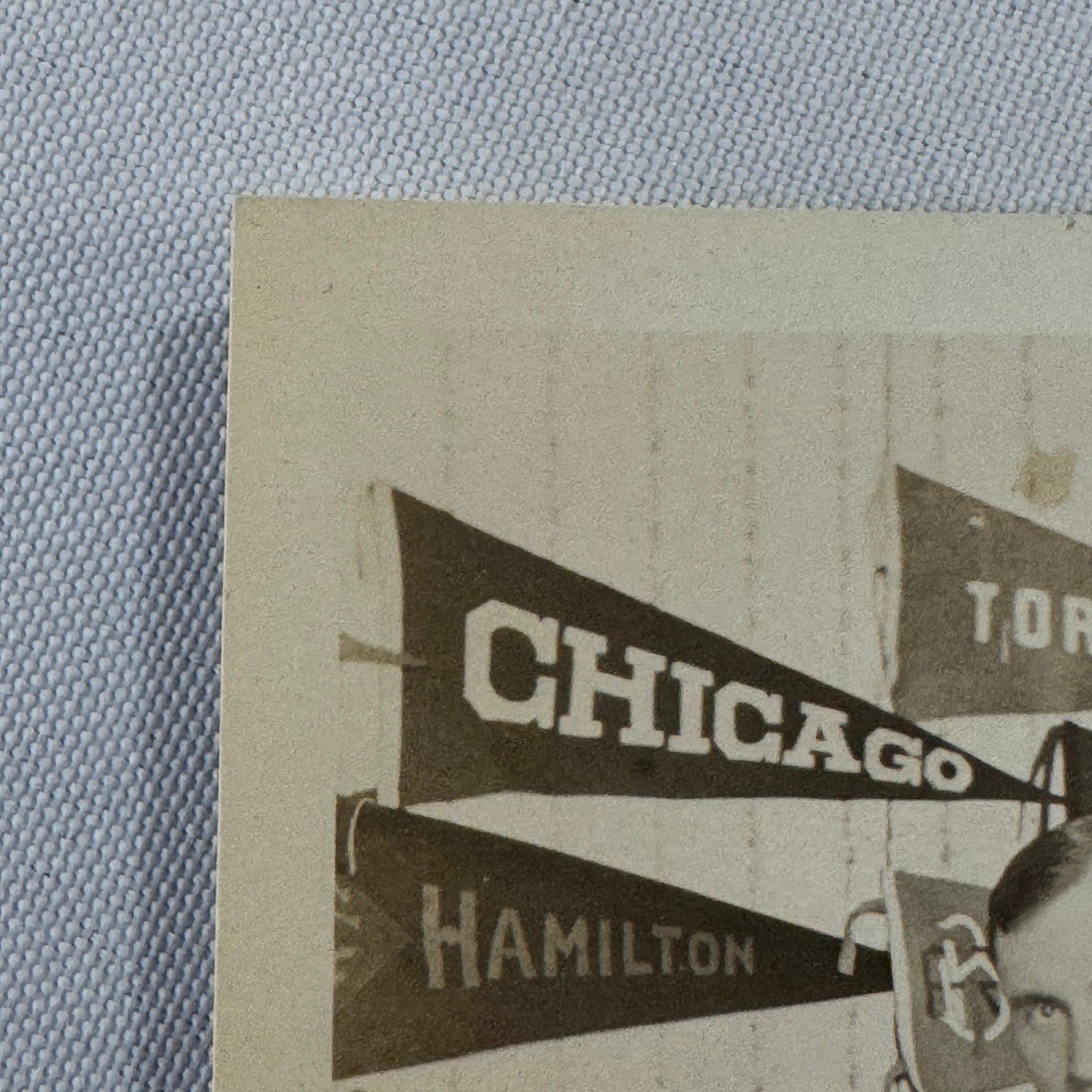 Vintage Photo Photograph Man with City Pennants Chicago Toronto Hamilton Sports