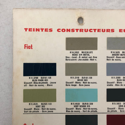 1965 Volkswagen Fiat and Opel Car Paint Chip Color Sample Sheet DUCO