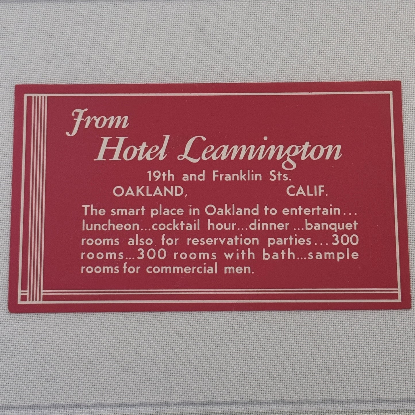 Vintage Hotel Travel Label Hotel Leamington Oakland California CA