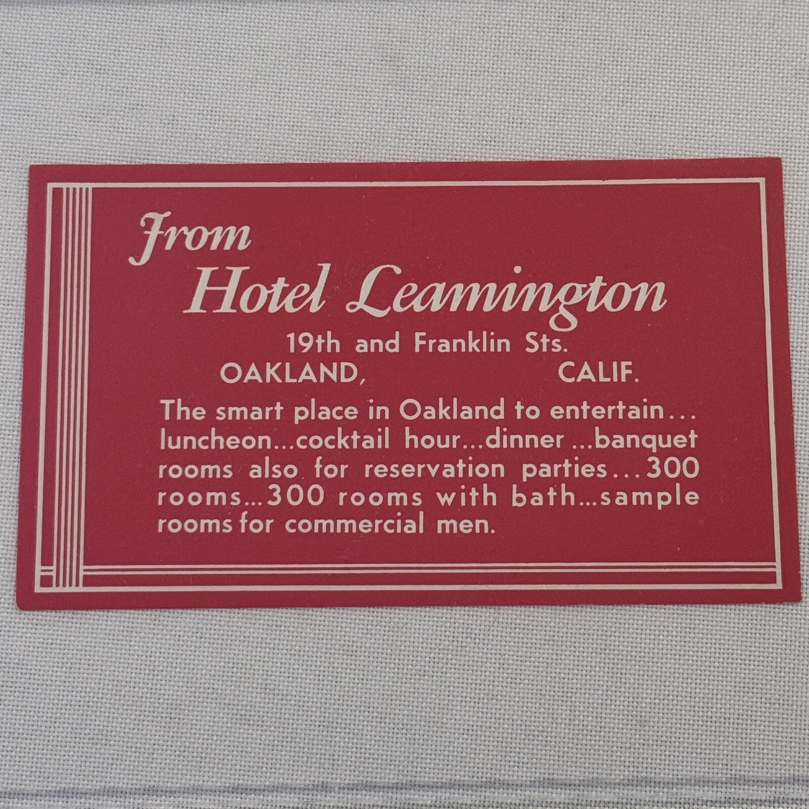 Vintage Hotel Travel Label Hotel Leamington Oakland California CA