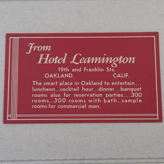 Vintage Hotel Travel Label Hotel Leamington Oakland California CA