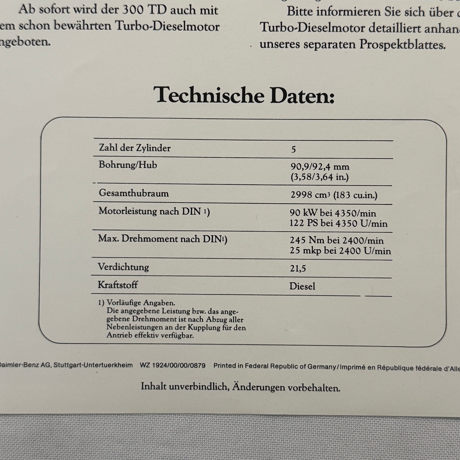 Mercedes Benz 300 TD Turbo Diesel Station Wagon Brochure Advertising GERMAN