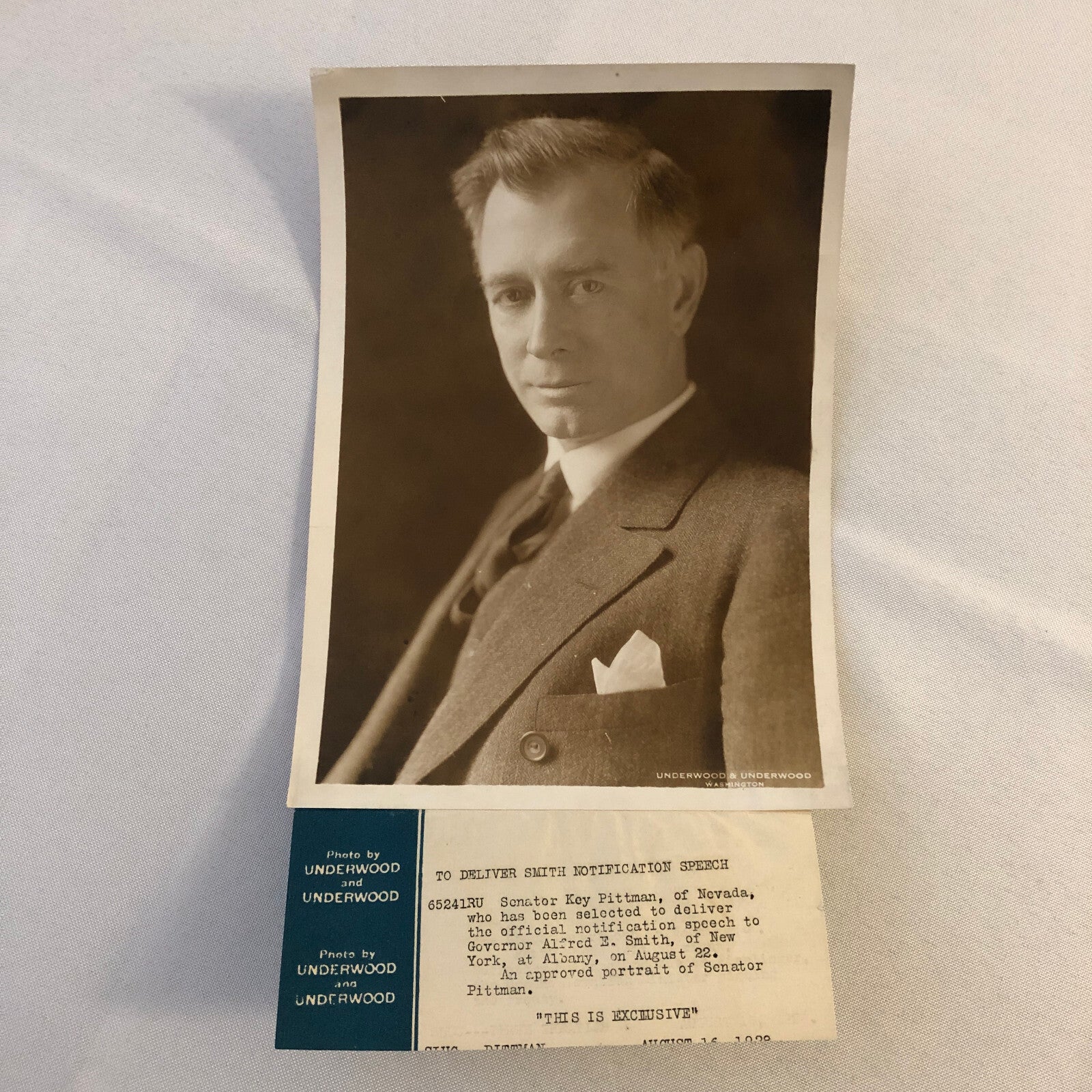 Press Photo Photograph Senator Key Pittman Nevada Underwood & Underwood 1930s