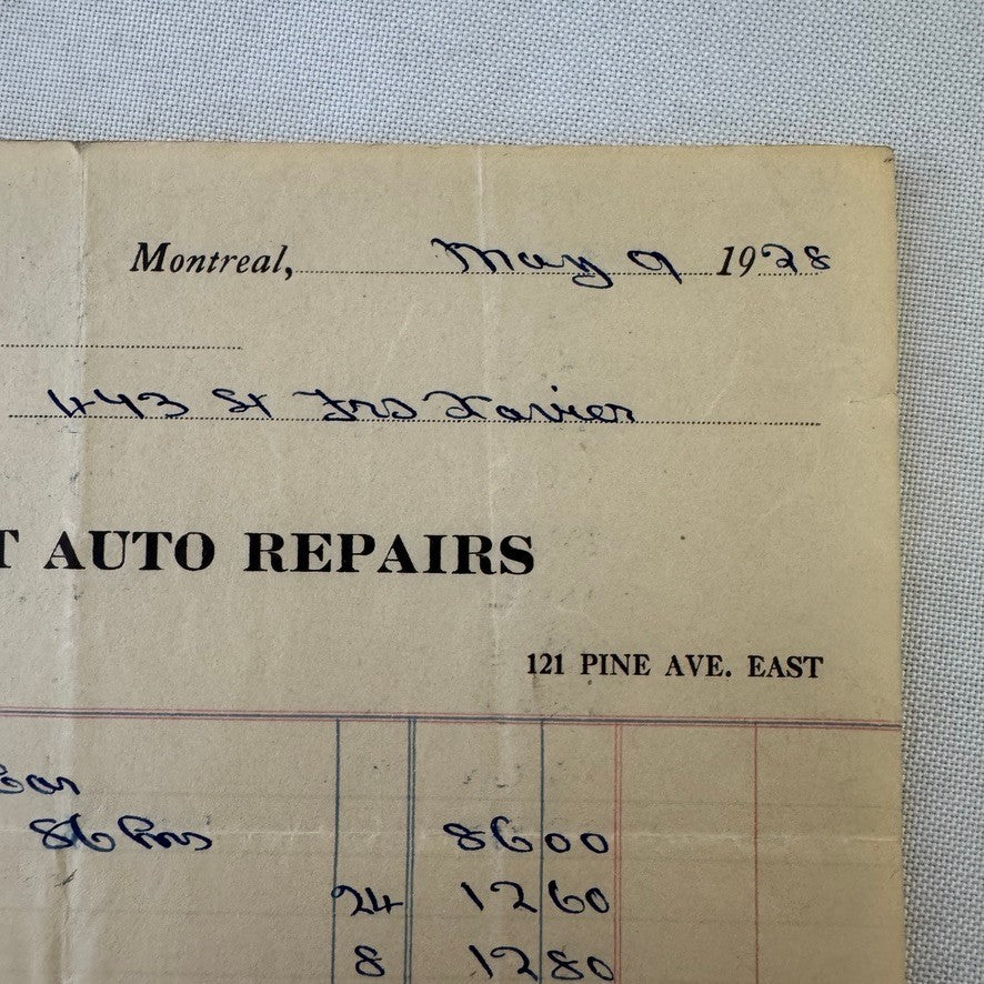 1928 Car Repair Shop Invoice Receipt Document Gwinnett Auto Repairs Montreal