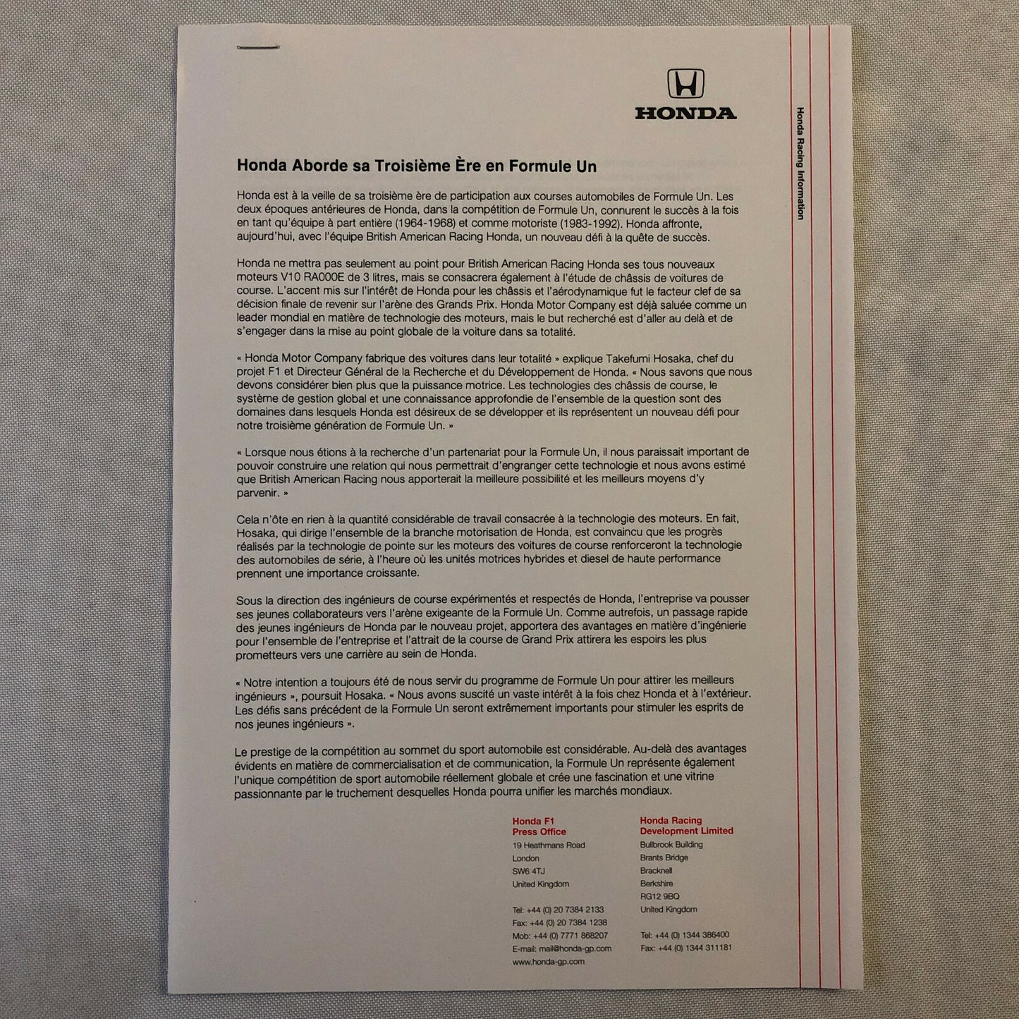 2000 Honda Formula 1 F1 Racing Press Kit Jacques Villeneuve Ricardo Zonta FRENCH
