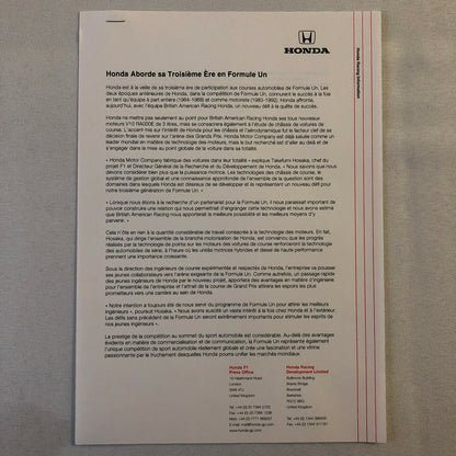 2000 Honda Formula 1 F1 Racing Press Kit Jacques Villeneuve Ricardo Zonta FRENCH