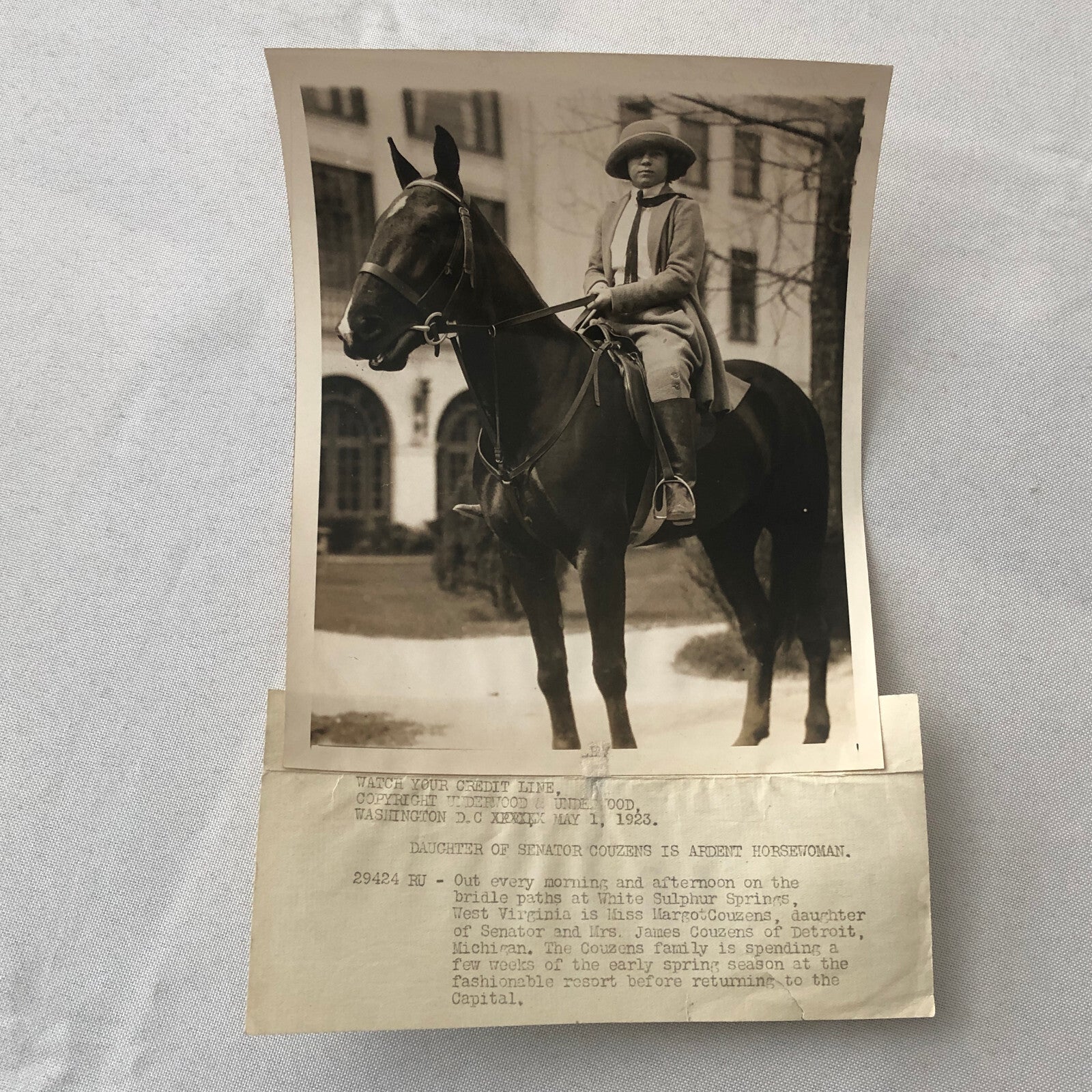 Press Photo Photograph Daughter of Senator James Couzens on Horse 1923