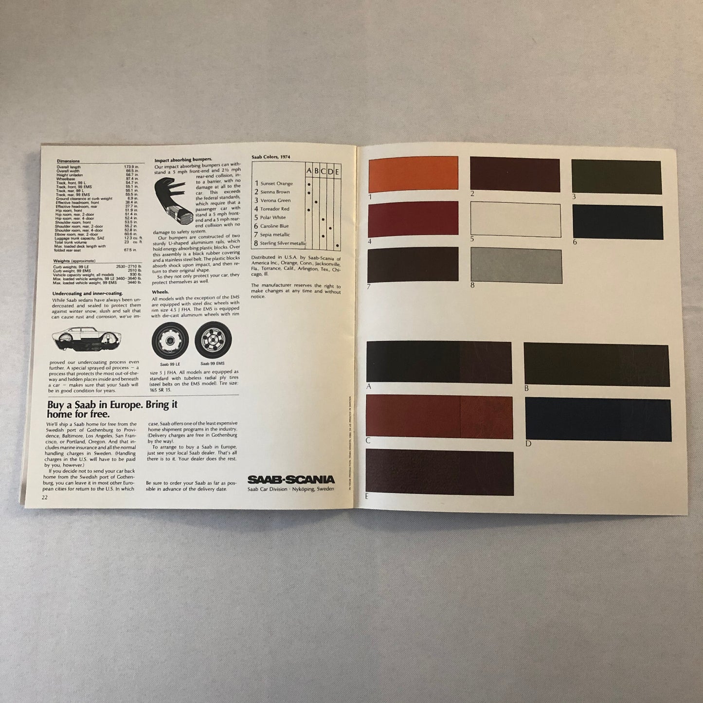 Vintage Saab 99 Car Automobile Sales Brochure Catalog 99 LE EMS