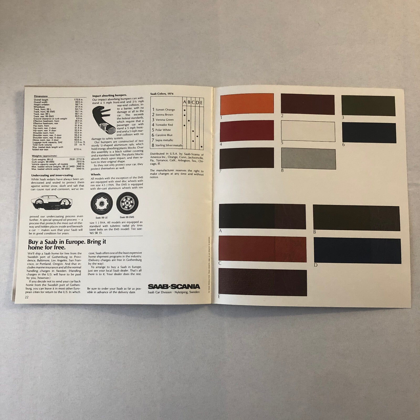 Vintage Saab 99 Car Automobile Sales Brochure Catalog 99 LE EMS