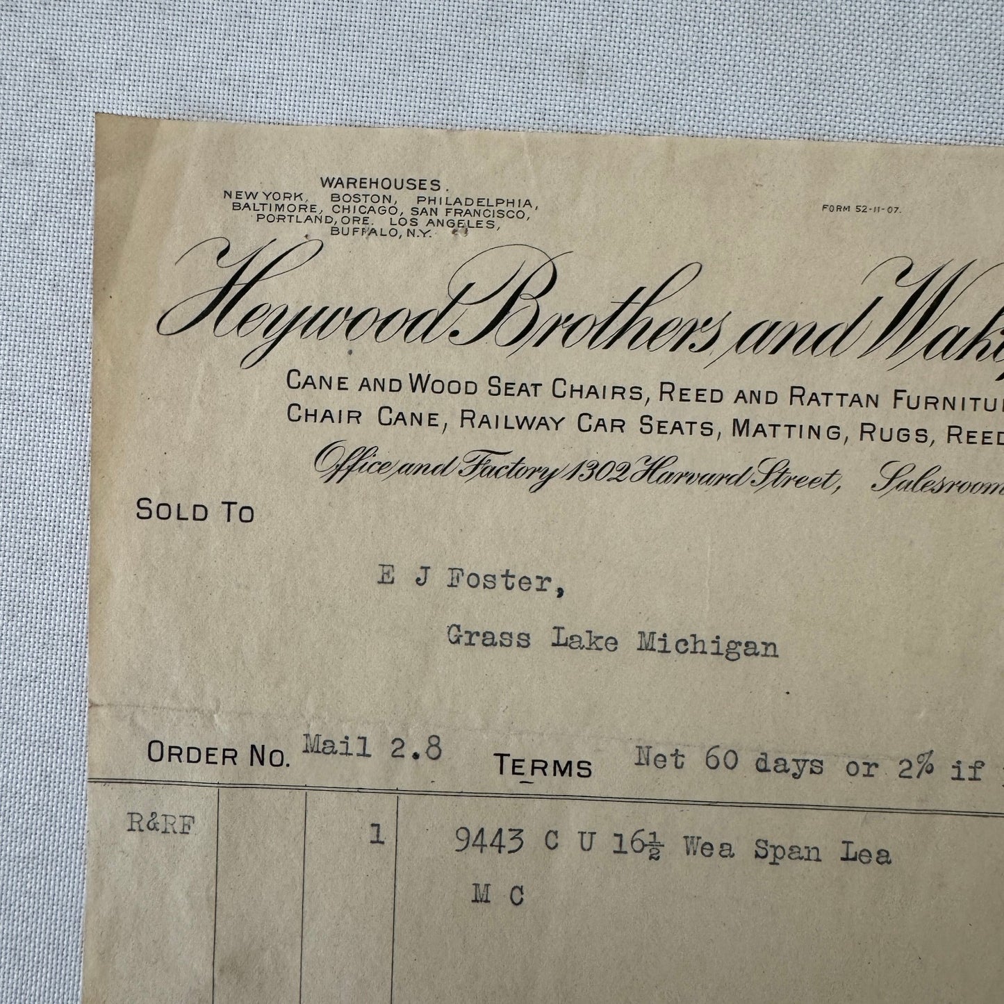 Heywood Brothers and Wakefield Receipt Invoice Document Letterhead 1908 Chicago