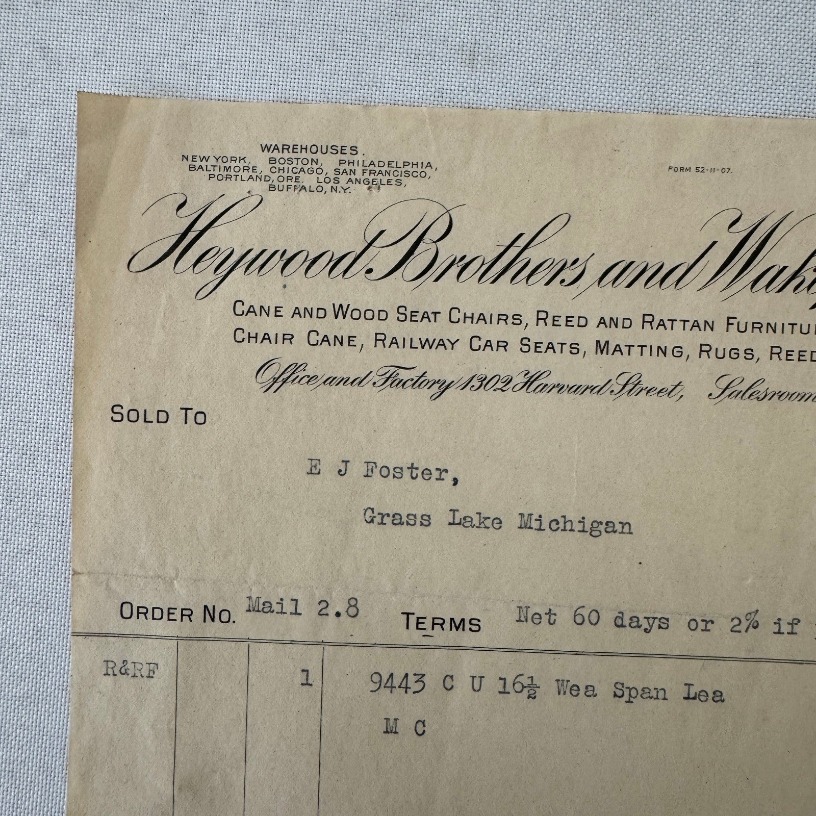Heywood Brothers and Wakefield Receipt Invoice Document Letterhead 1908 Chicago