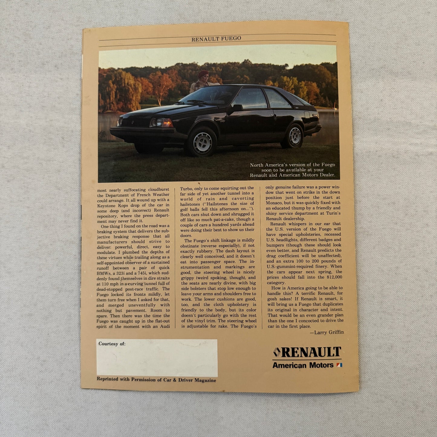 Renault Fuego Car Sales Brochure Catalog Advertising Car and Driver Magazine