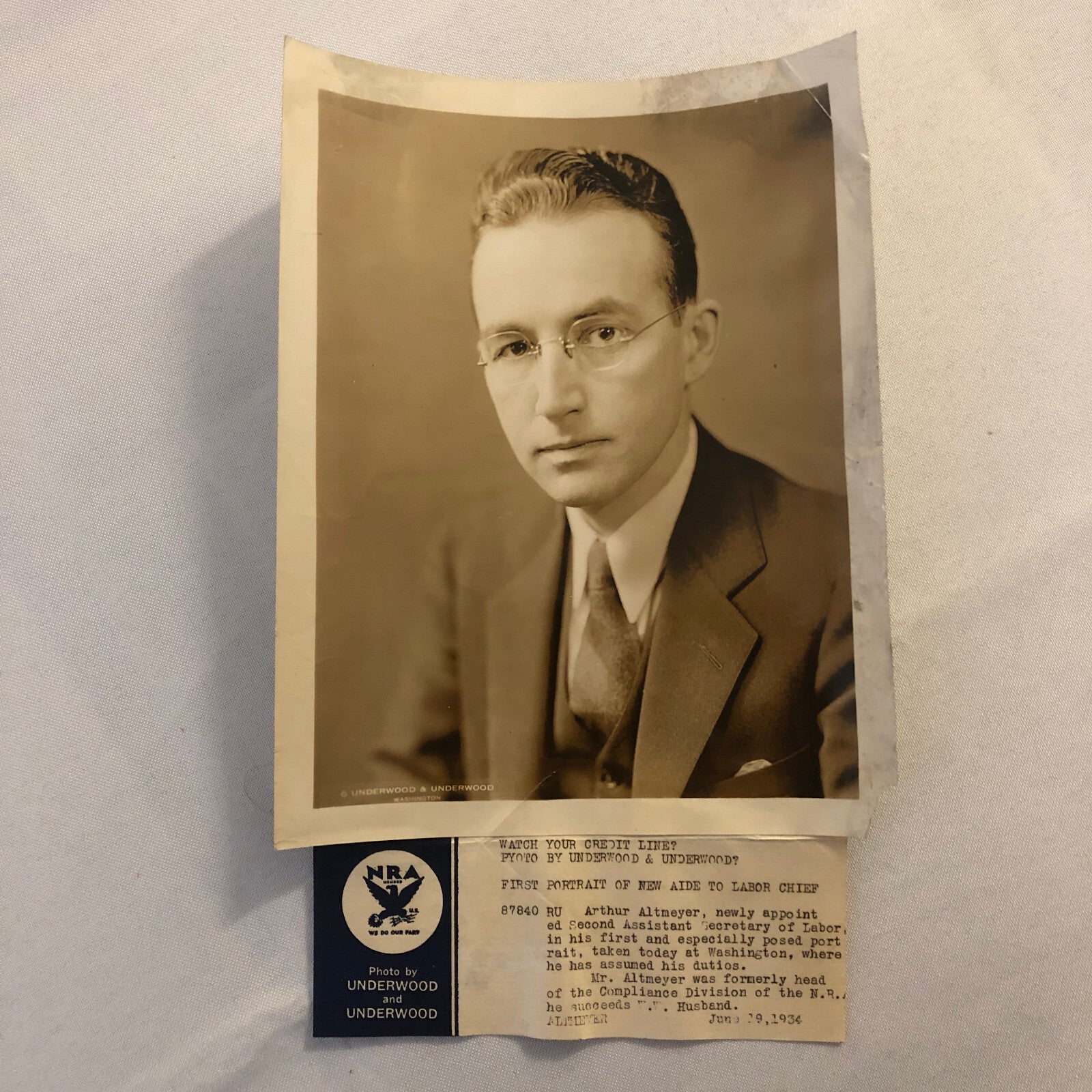 Press Photo Photograph Assistant Secretary of Labor Arthur Altmeyer 1934