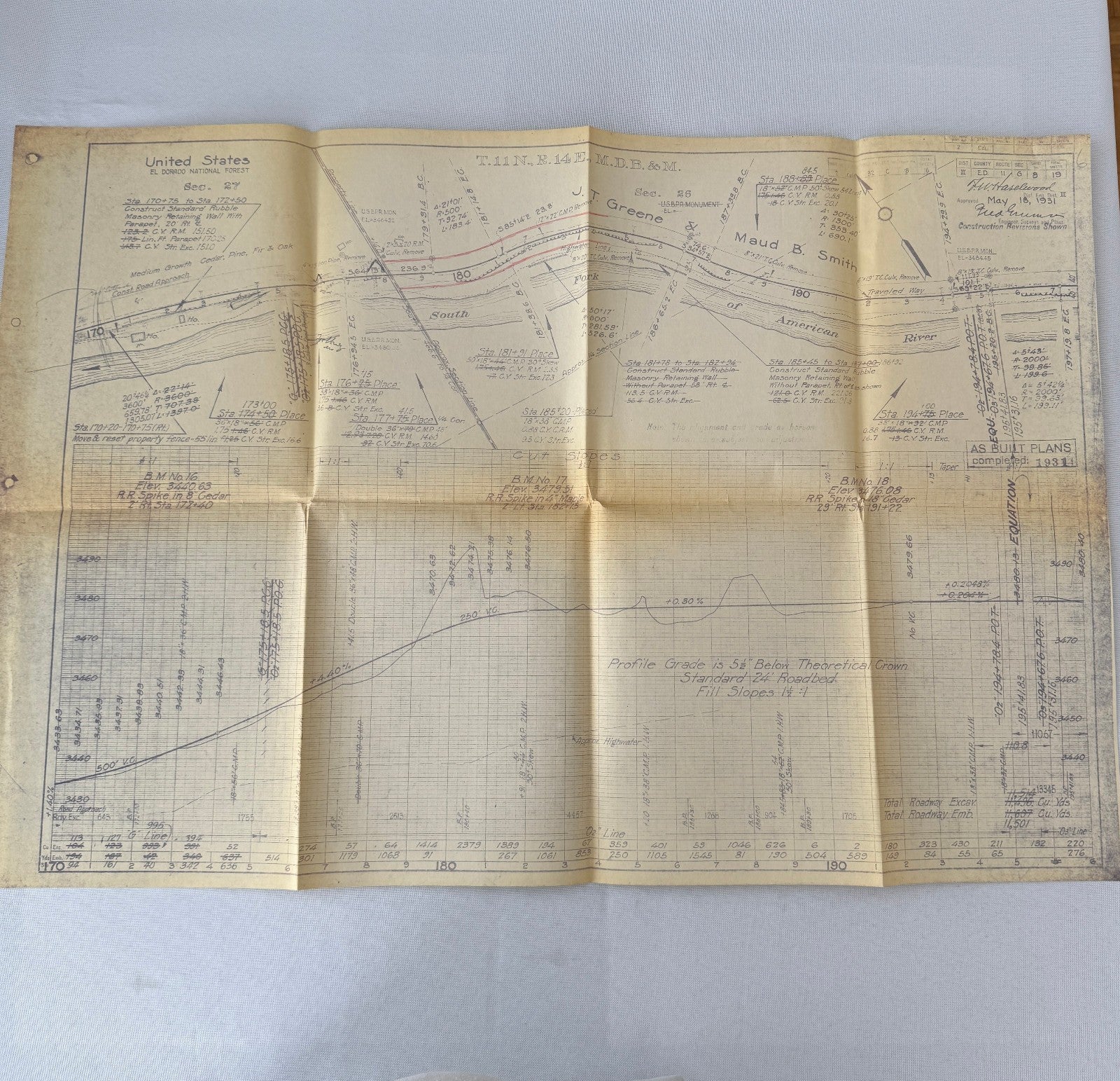 1931 California Highway Dept “As Built” Road Plan Map Blueprint T11N R14E MDB&M