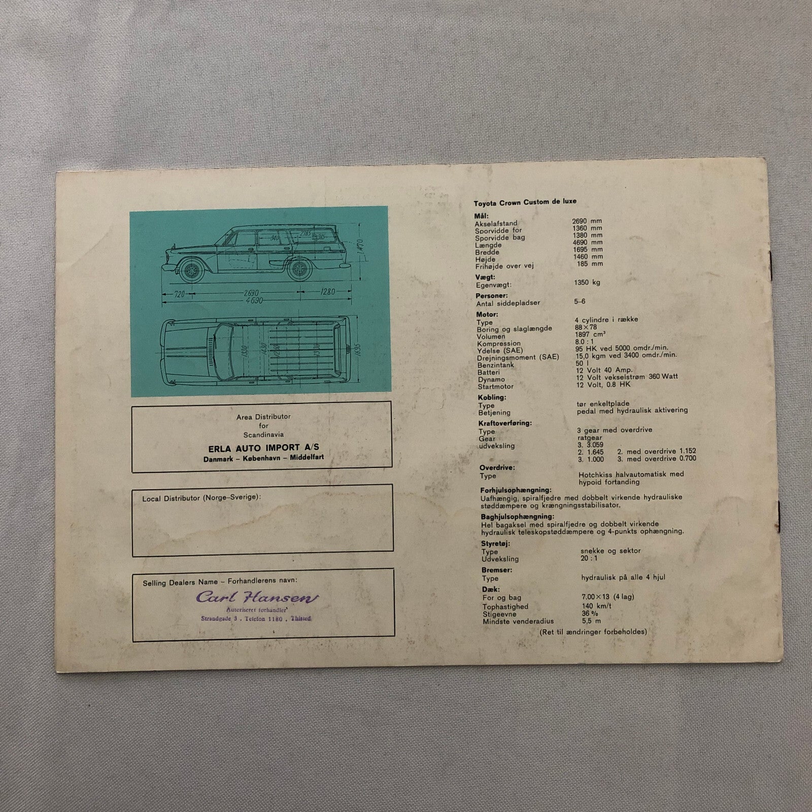 Vintage Toyota Crown Station Wagon Car Sales Brochure Catalog DANISH TEXT