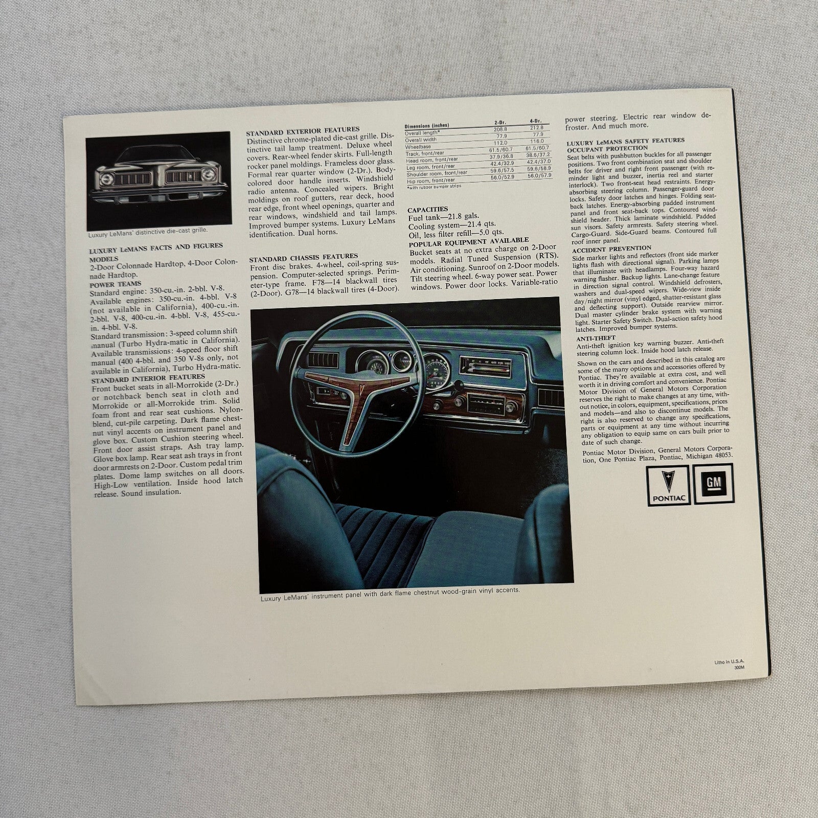 1974 Pontiac LeMans Car Sales Brochure Catalog Advertising