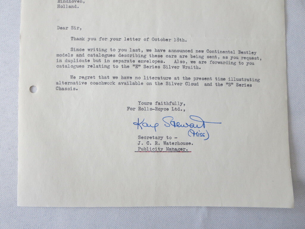 1955 Rolls Royce Limited Letter Letterhead Document Bentley Continental Wraith