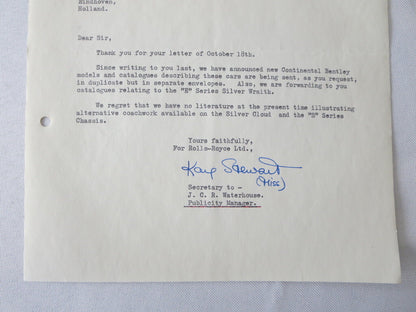1955 Rolls Royce Limited Letter Letterhead Document Bentley Continental Wraith