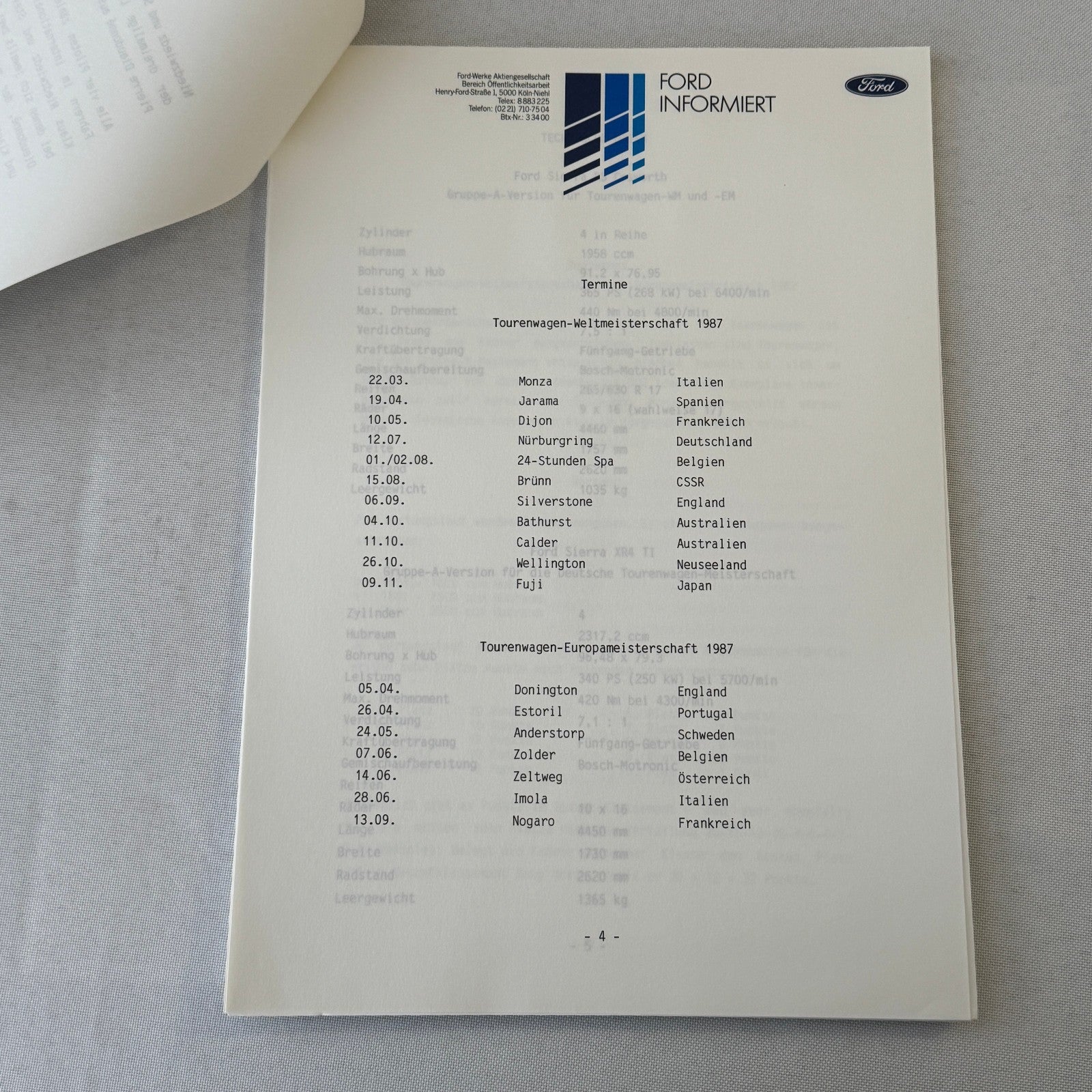 1987 Ford Sierra Cosworth XR4Ti Racing Team Press Kit Photos GERMAN