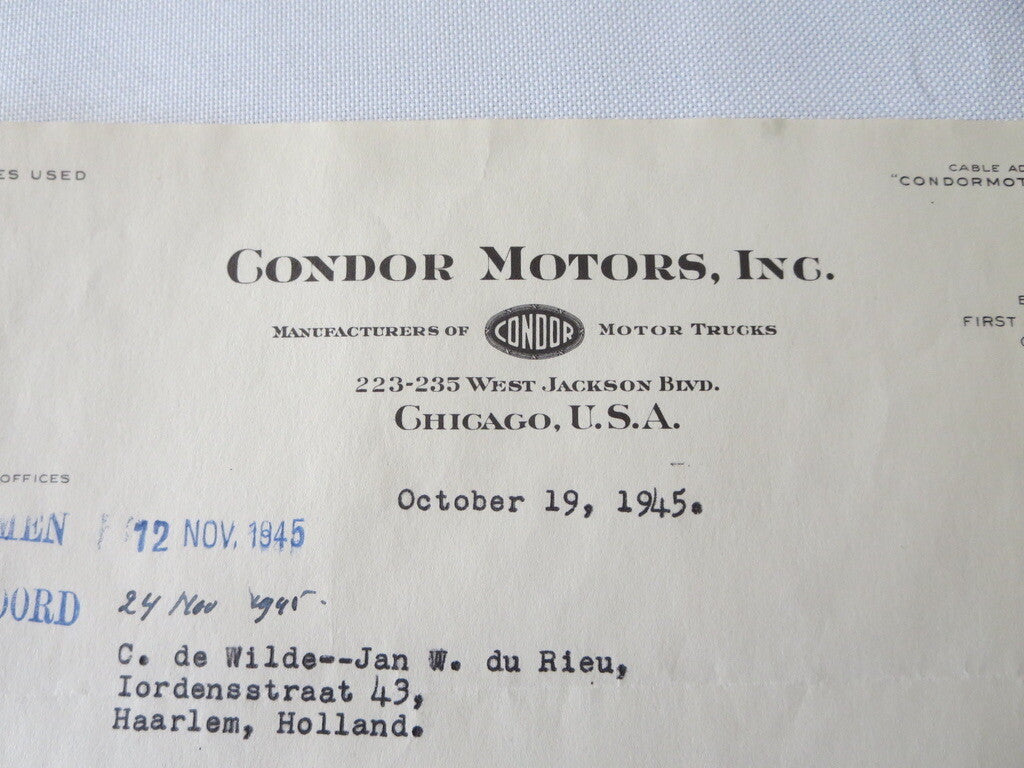 1945 Condor Motors Letter Dealership Truck Company Letterhead Document