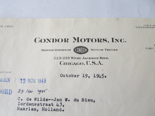 1945 Condor Motors Letter Dealership Truck Company Letterhead Document