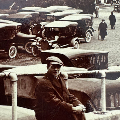 Vintage Photograph on Board Antique Car Automobile Parking Man Photo Image