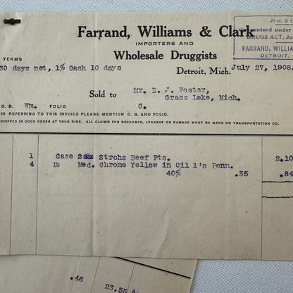 Farrand Williams and Clark Wholesale Druggists Detroit 1908 Invoice Receipt Lot