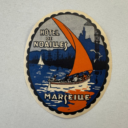 Vintage Hotel Travel Label Hotel de Noailles Marseille France French